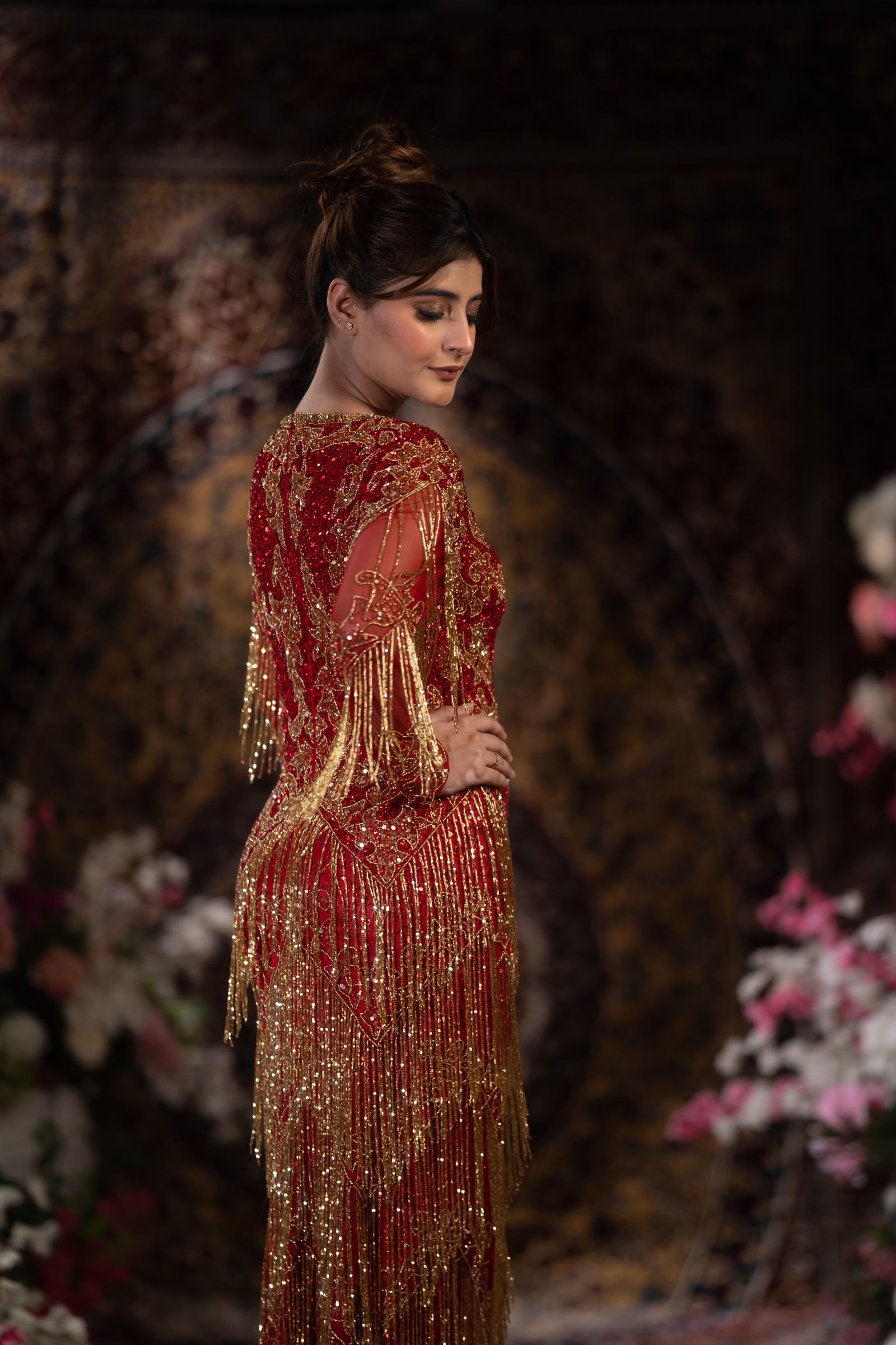 Ruby Red & Gold Baroque Fringe Embellished Evening Gown
