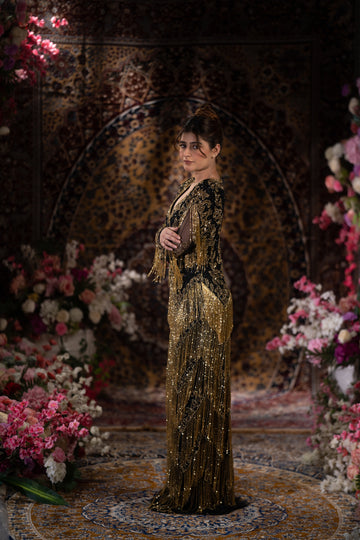Midnight Majesty Fringe Gown – Black & Gold Crystal Couture Dress