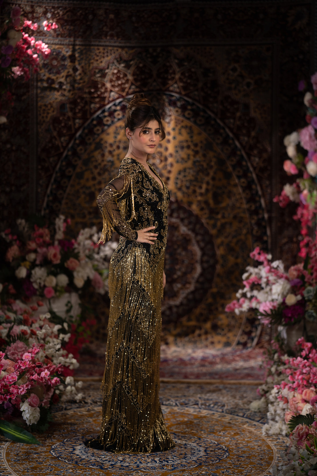 Midnight Black & Gold Baroque Fringe Embellished Evening Gown