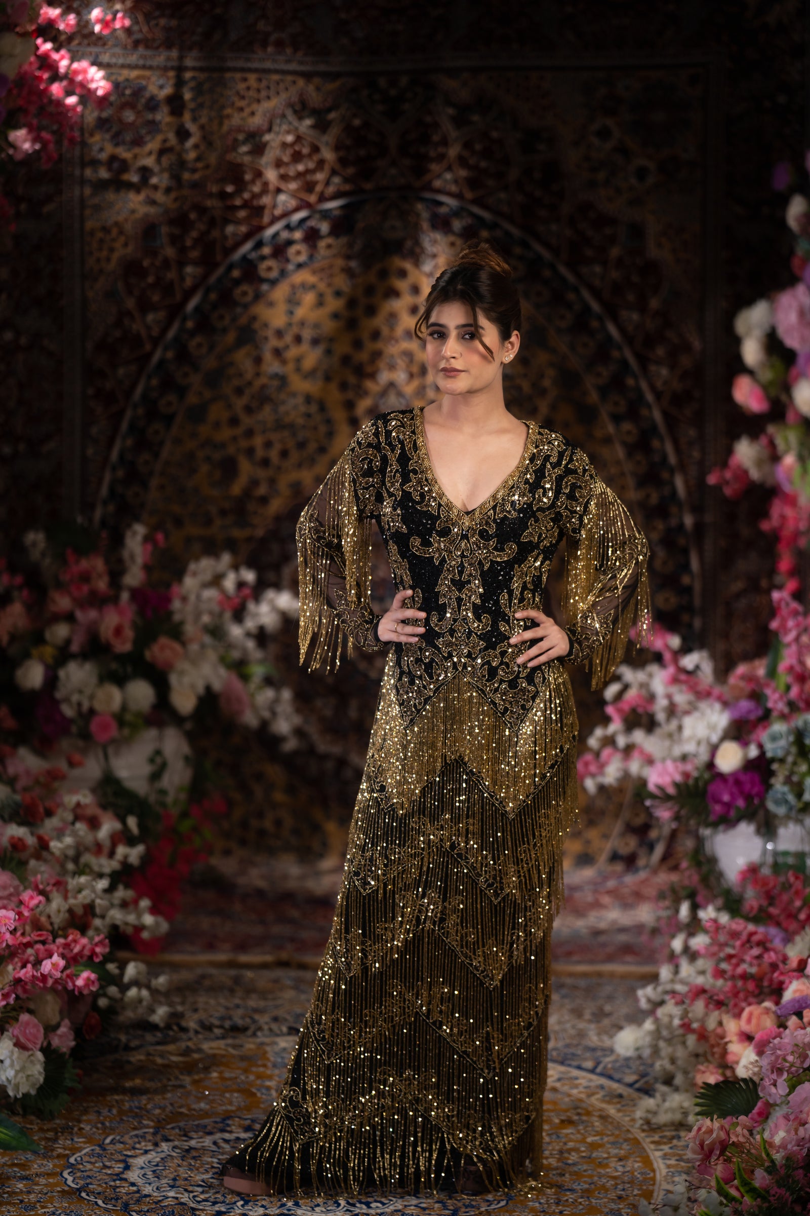 Midnight Black & Gold Baroque Fringe Embellished Evening Gown