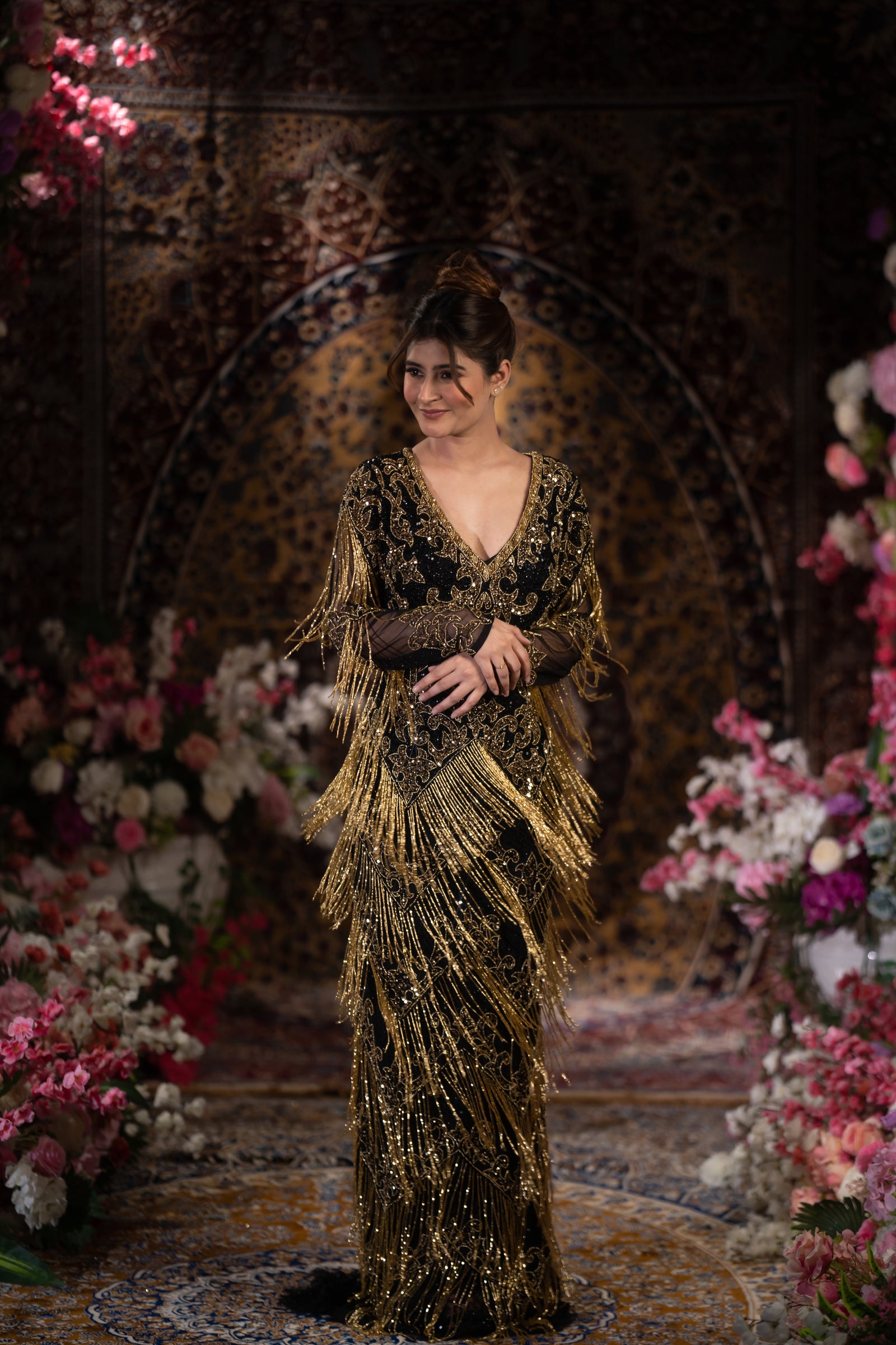 Midnight Black & Gold Baroque Fringe Embellished Evening Gown