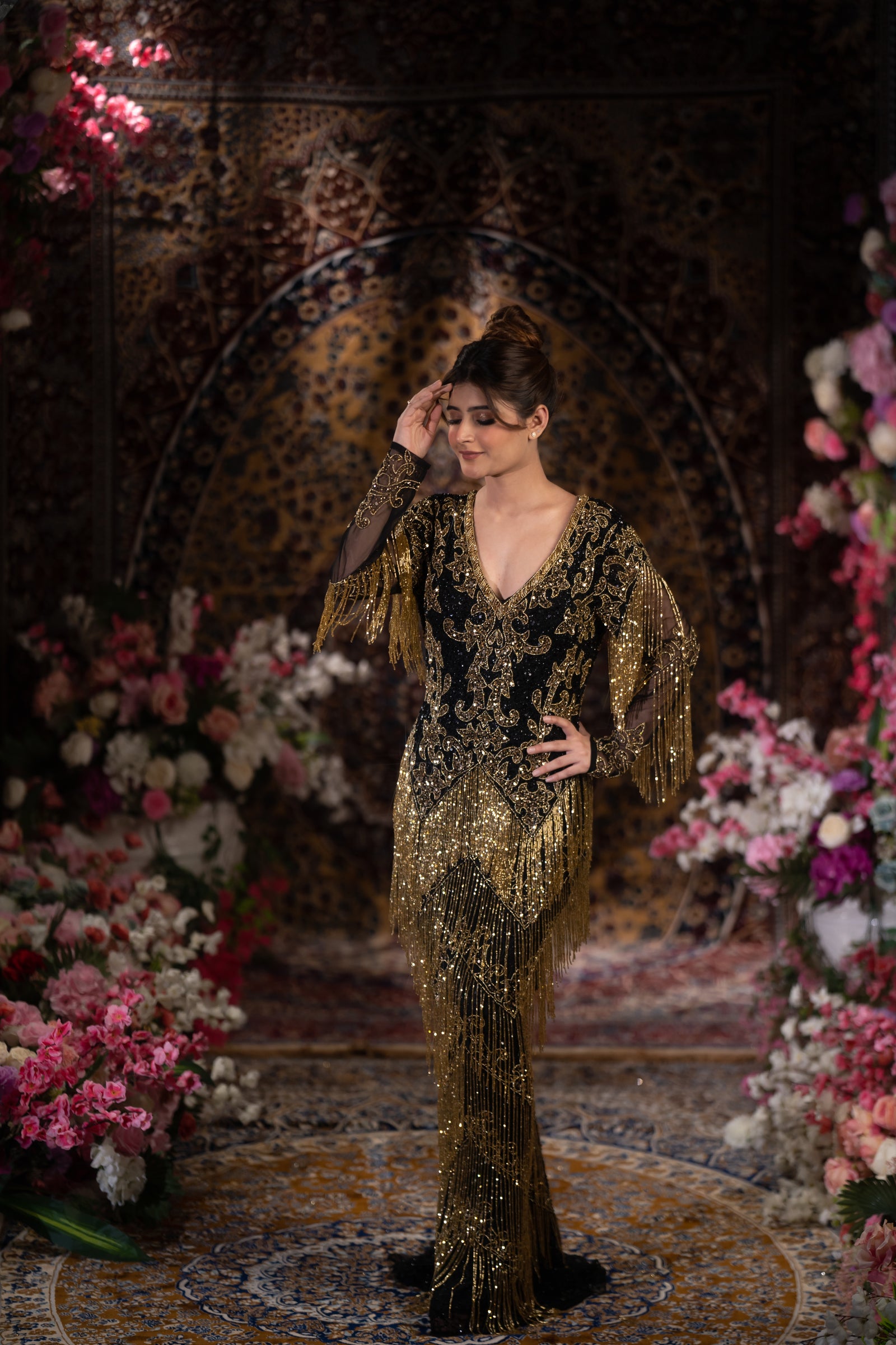 Midnight Black & Gold Baroque Fringe Embellished Evening Gown