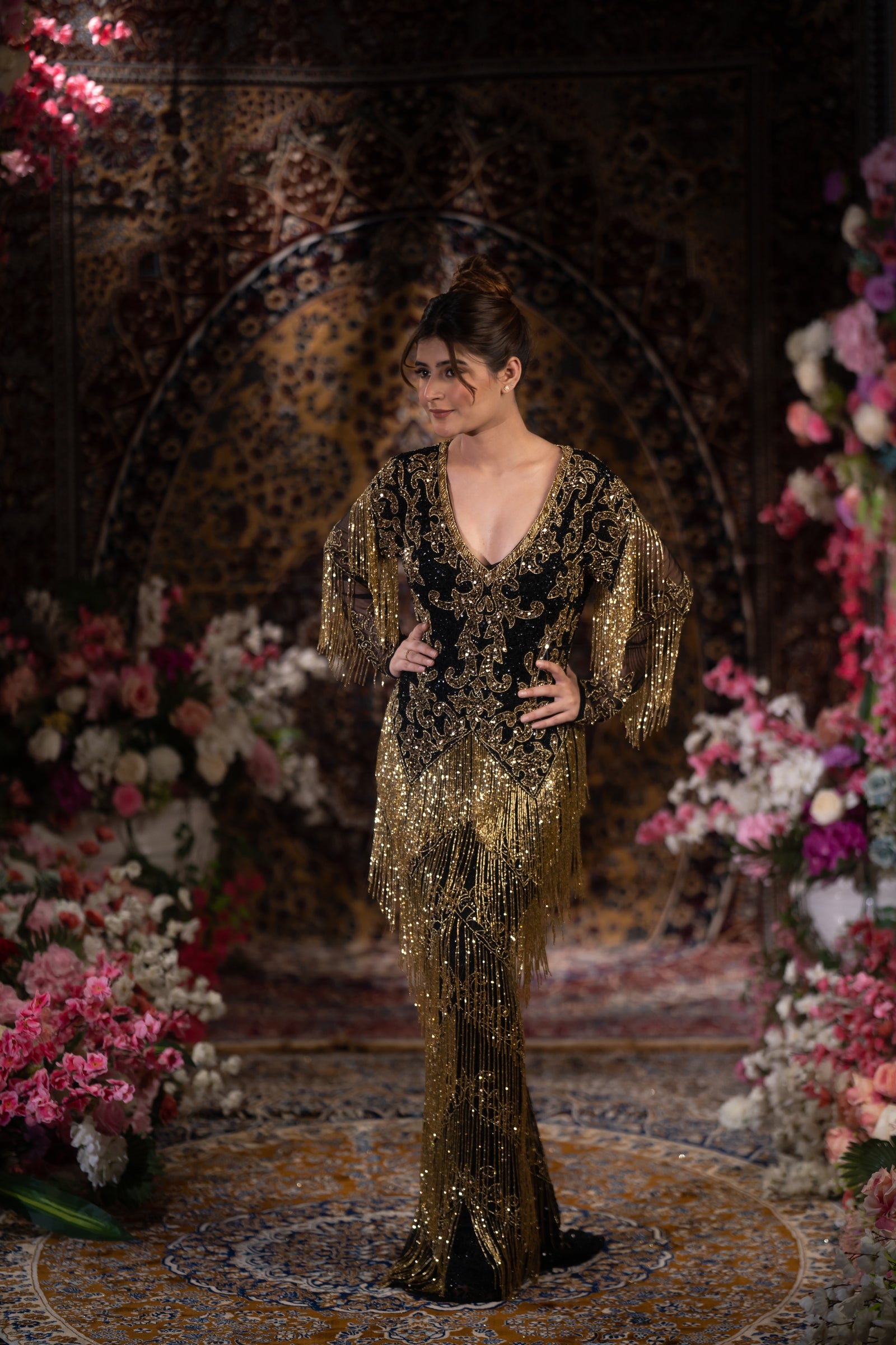 Midnight Black & Gold Baroque Fringe Embellished Evening Gown