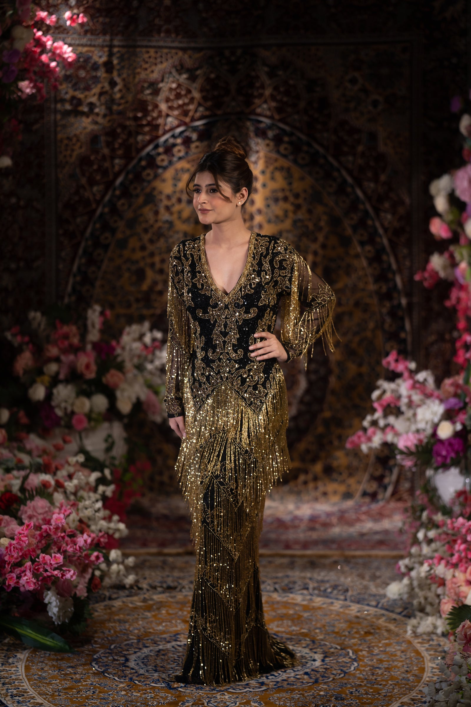 Midnight Black & Gold Baroque Fringe Embellished Evening Gown