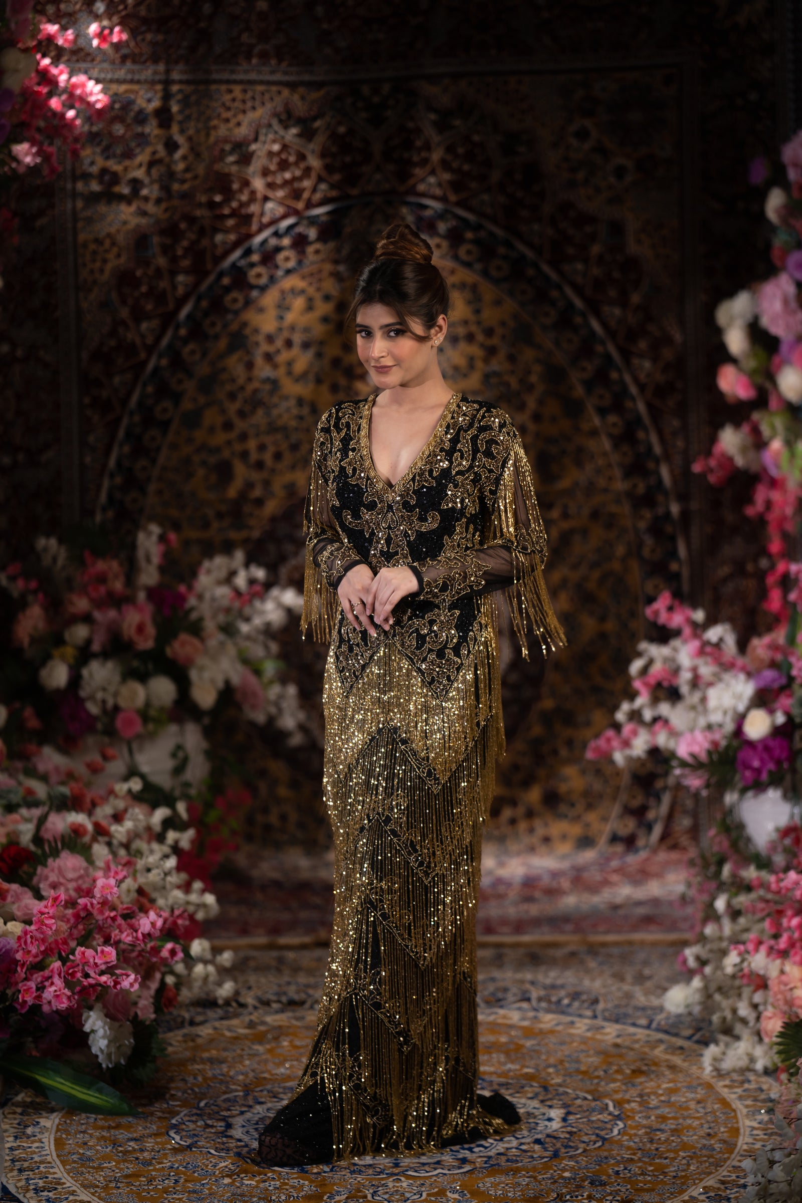 Midnight Black & Gold Baroque Fringe Embellished Evening Gown