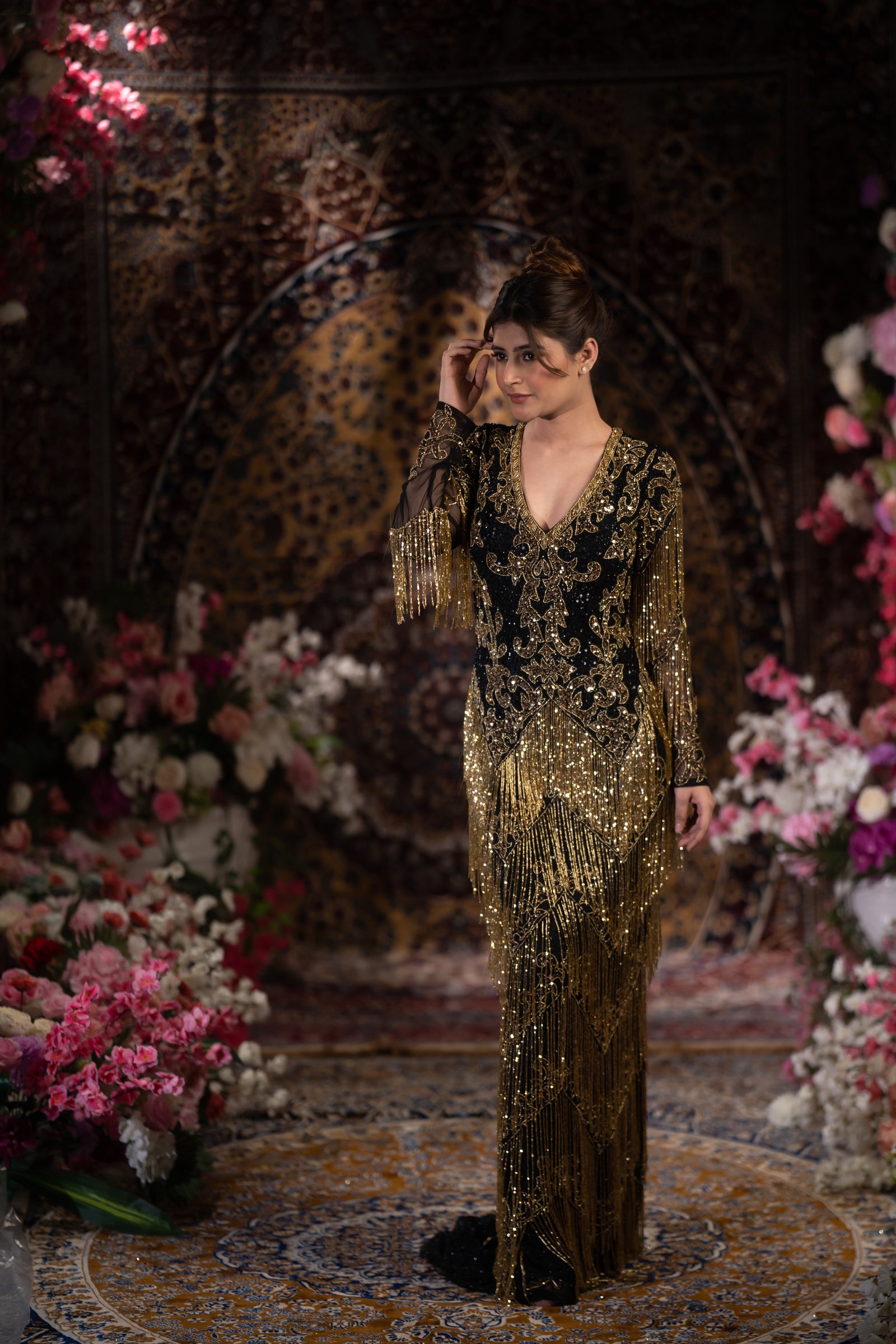 Midnight Black & Gold Baroque Fringe Embellished Evening Gown