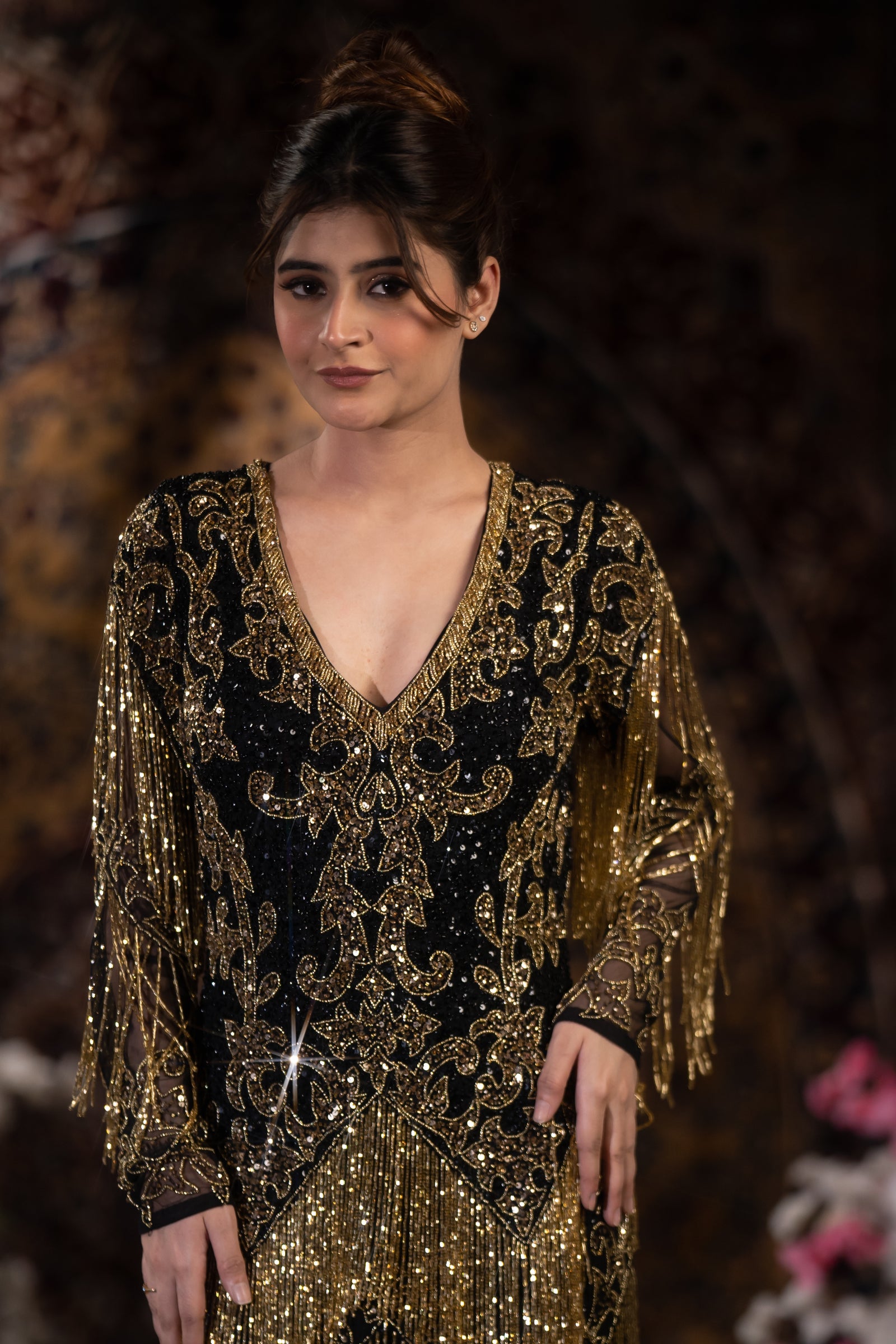 Midnight Black & Gold Baroque Fringe Embellished Evening Gown