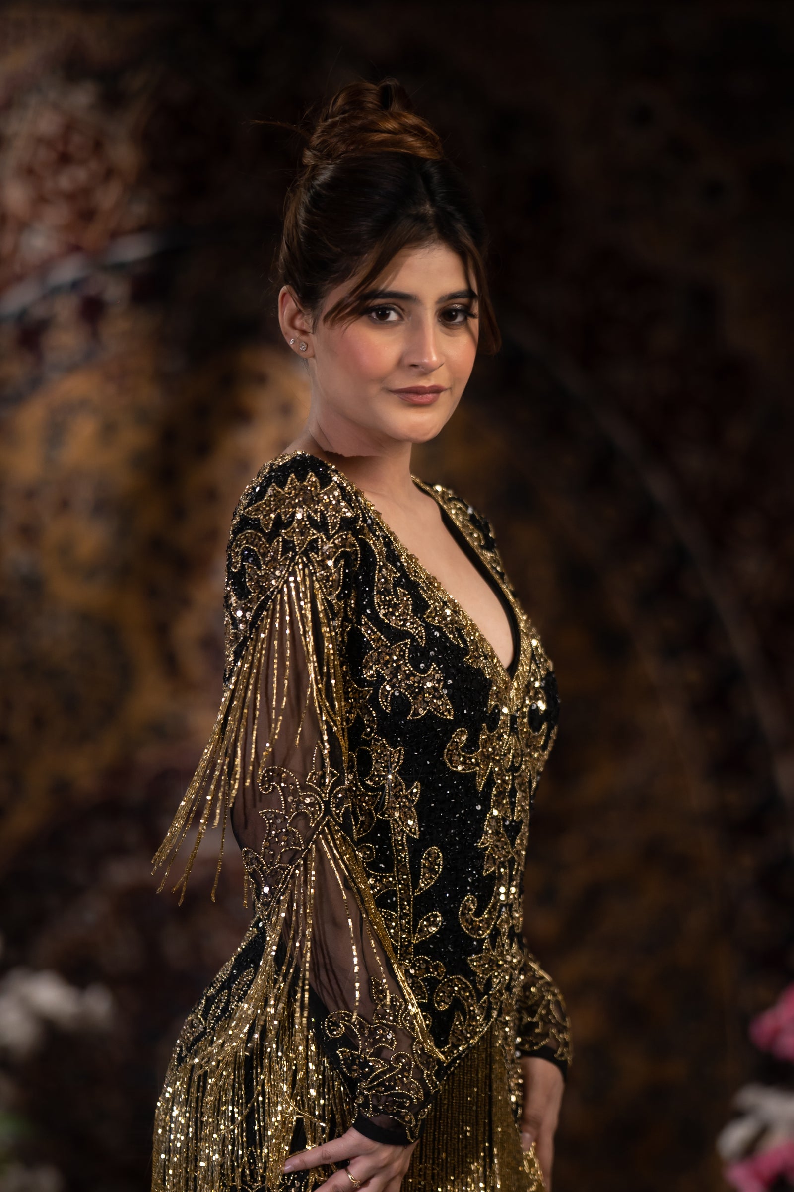 Midnight Black & Gold Baroque Fringe Embellished Evening Gown