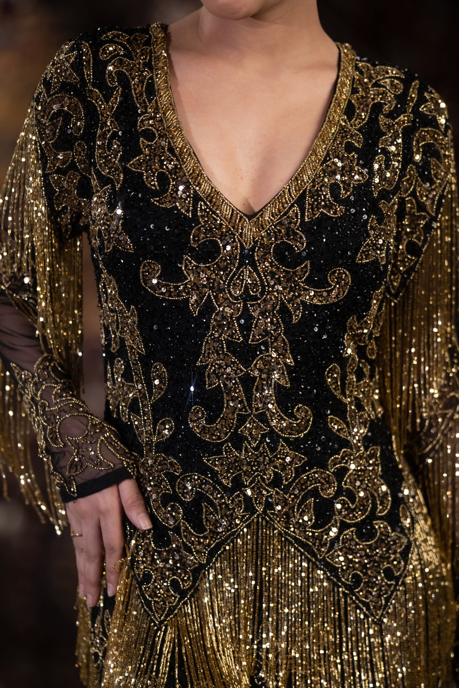 Midnight Black & Gold Baroque Fringe Embellished Evening Gown