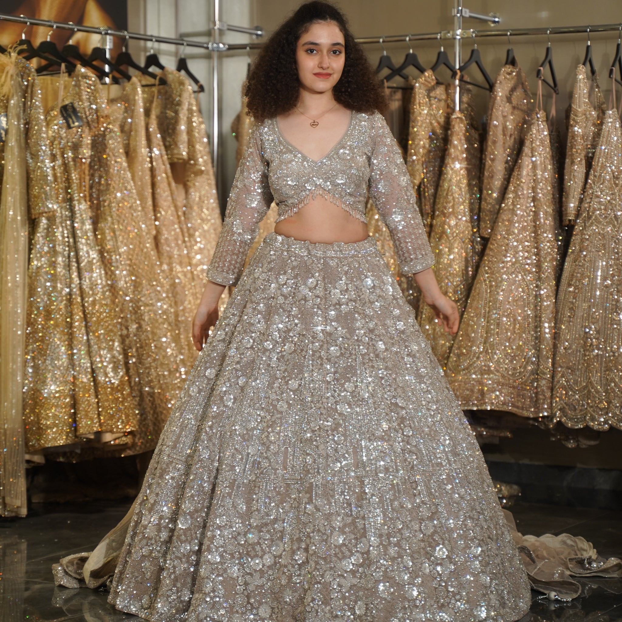 Platinum Silver 3D Floral & Sequin Embroidered Lehenga Set