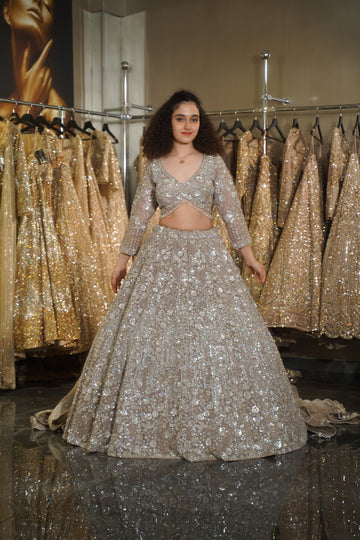 Platinum Silver 3D Floral & Sequin Embroidered Lehenga Set