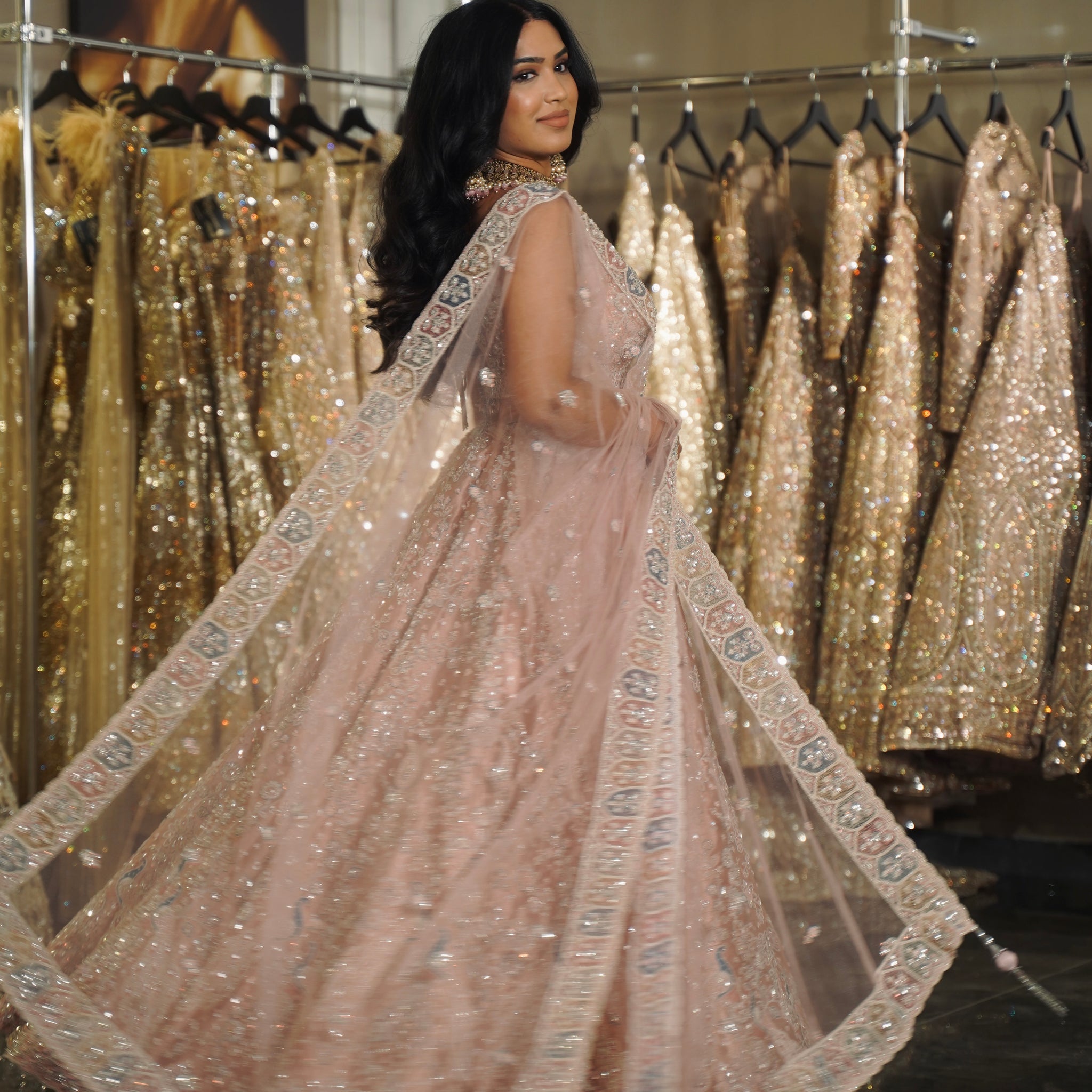 Blush Pink Pastel Multi-Colored Border & Sequin Embroidered Lehenga Set