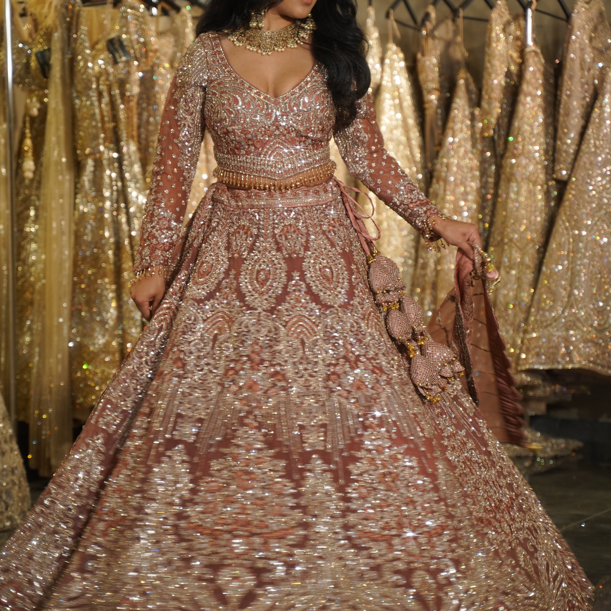 Dusty Rose Antique Silver & Crystal Embroidered Lehenga Set