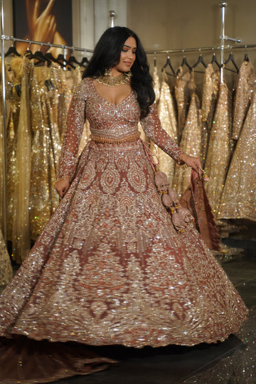 Dusty Rose Antique Silver & Crystal Embroidered Lehenga Set