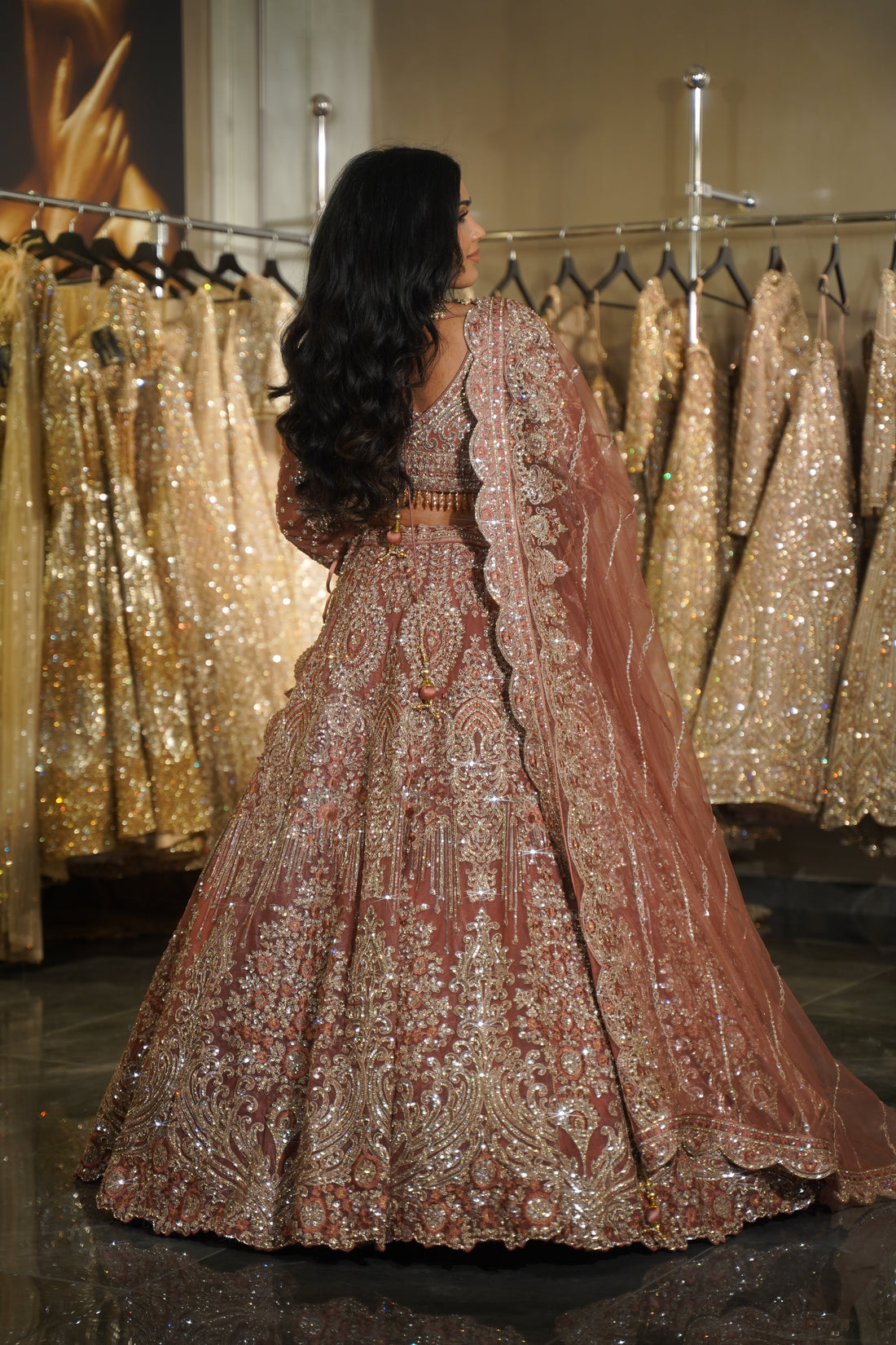 Dusty Rose Antique Silver & Crystal Embroidered Lehenga Set