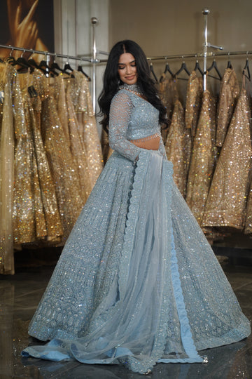 Powder Blue Geometric & Lattice Crystal Embroidered Lehenga Set
