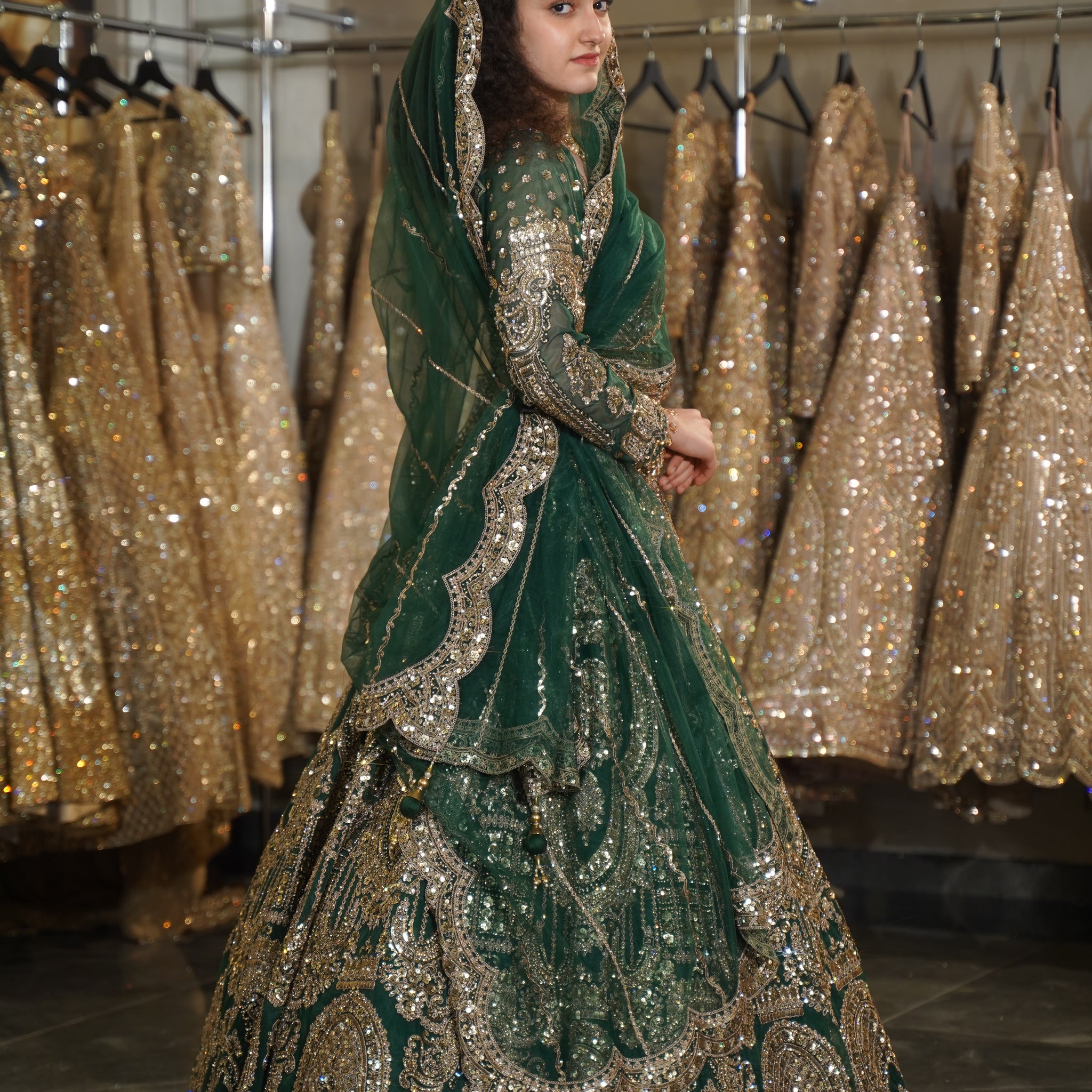 Emerald Green Architectural Sequin & Scalloped Border Lehenga Set