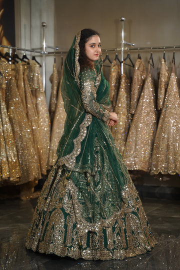 Emerald Green Architectural Sequin & Scalloped Border Lehenga Set