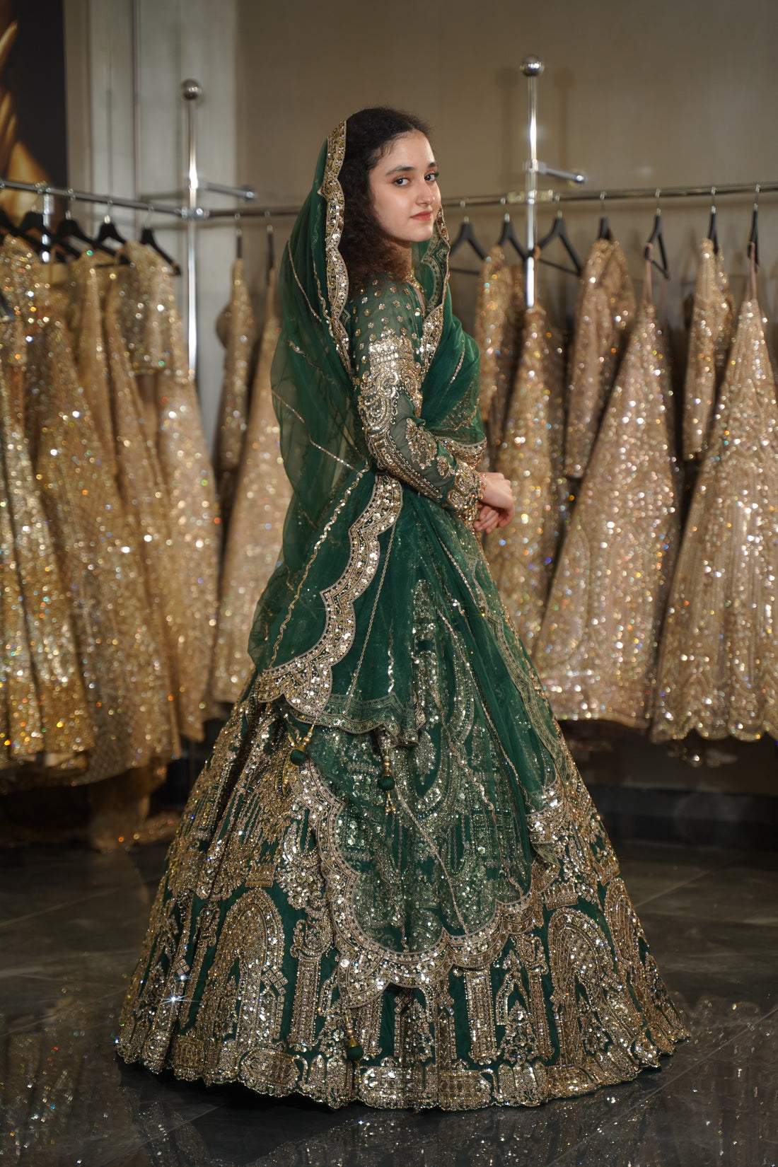 Emerald Green Architectural Sequin & Scalloped Border Lehenga Set