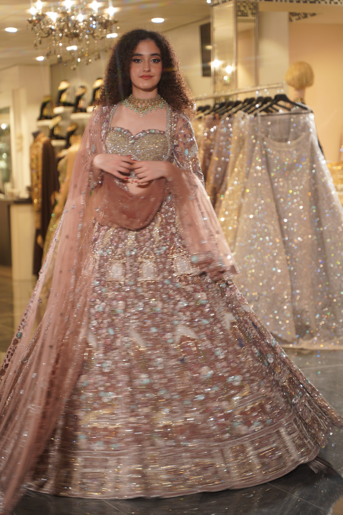 Dusty Mauve Architectural & Peacock Embroidered Bridal Lehenga