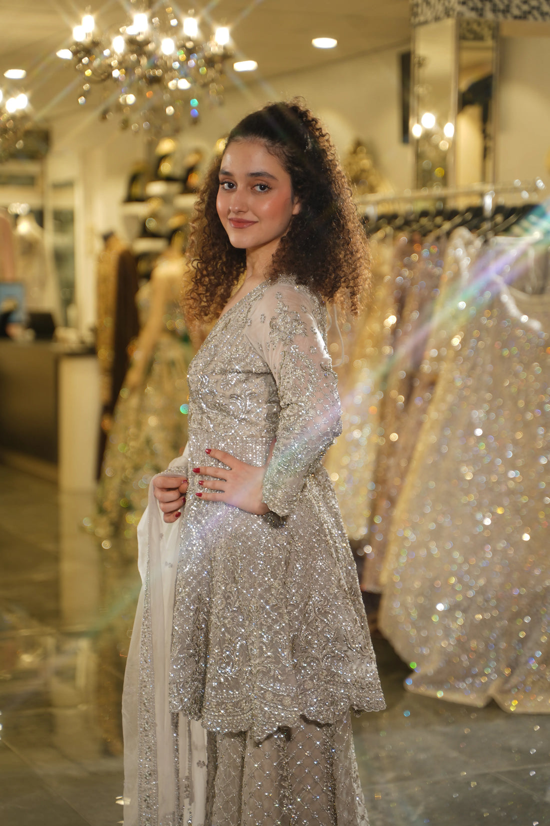 Champagne Silver Sequin Embellished Sharara Set