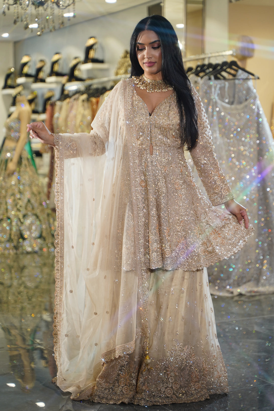 Ivory Gold Embellished Bridal Sharara Set