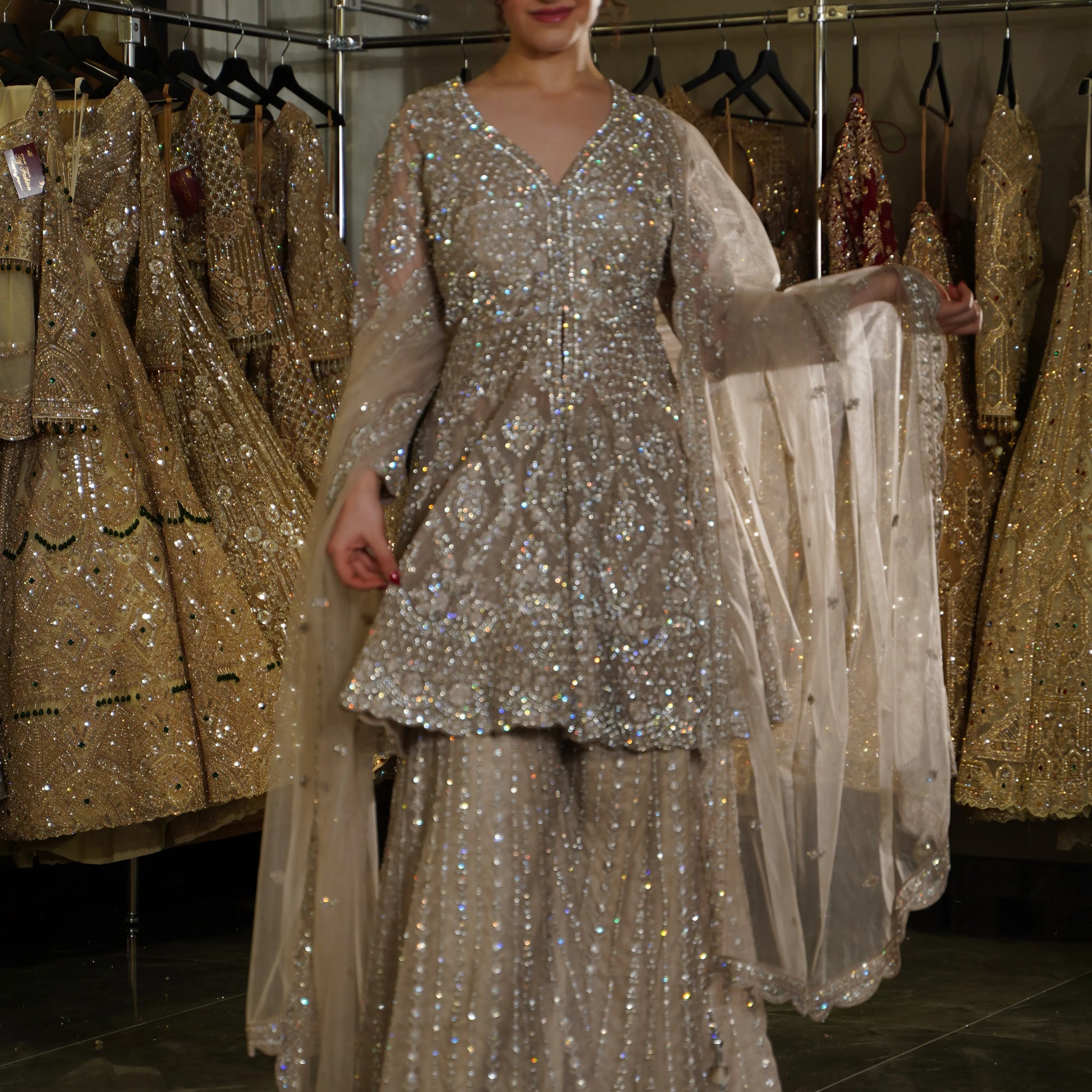 Champagne Beige Holographic Sequin Sharara Set