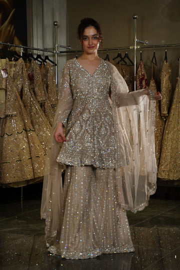Champagne Beige Holographic Sequin Sharara Set