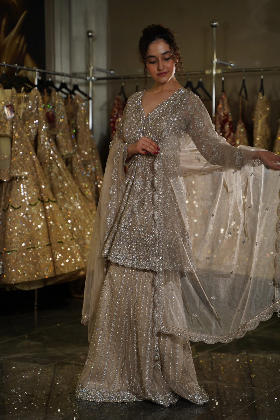 Champagne Beige Holographic Sequin Sharara Set