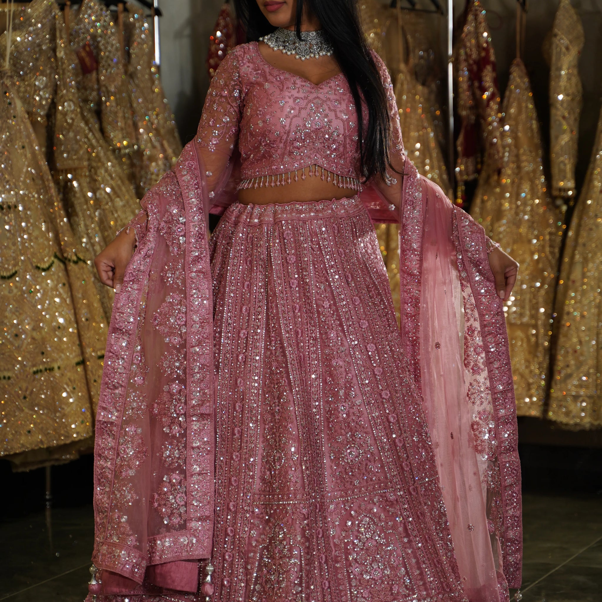 Dusty Pink Silver Crystal Fringe Bridal Lehenga Set