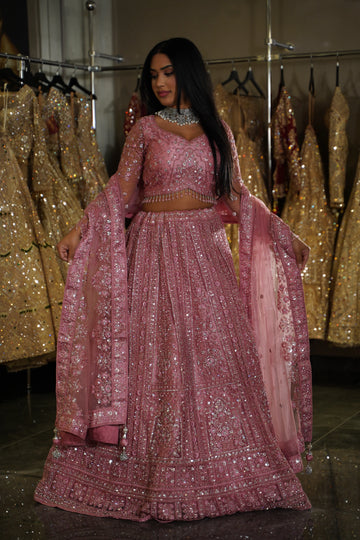 Dusty Pink Silver Crystal Fringe Bridal Lehenga Set