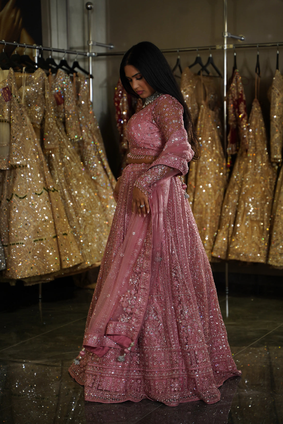 Dusty Pink Silver Crystal Fringe Bridal Lehenga Set