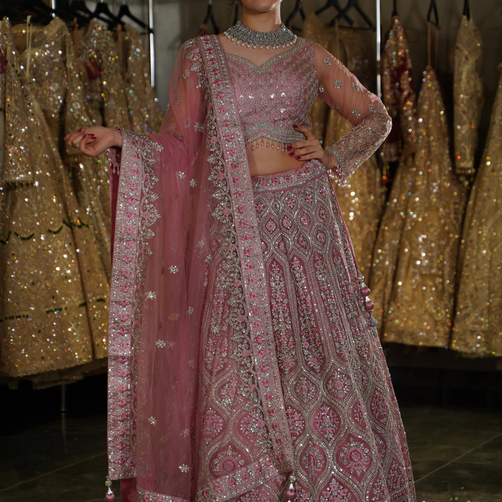 Soft Rose Pink Ogee Trellis Bridal Lehenga Set