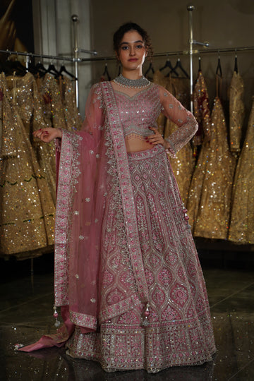 Soft Rose Pink Ogee Trellis Bridal Lehenga Set