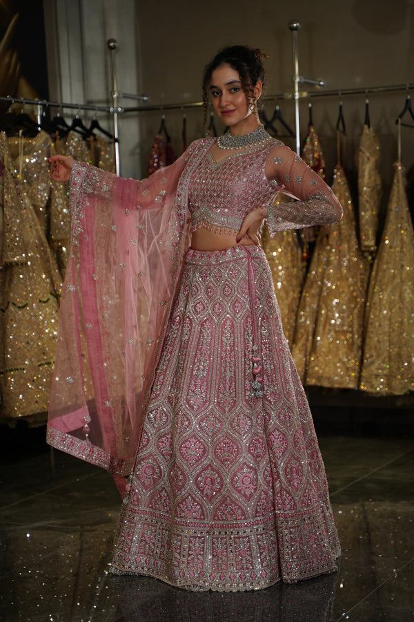 Soft Rose Pink Ogee Trellis Bridal Lehenga Set