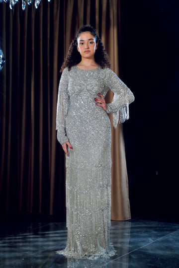 Silver Grey Tiered Beaded Fringe Evening Gown