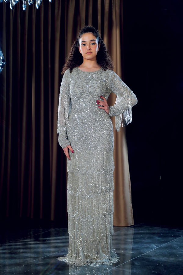 Silver Grey Tiered Beaded Fringe Evening Gown