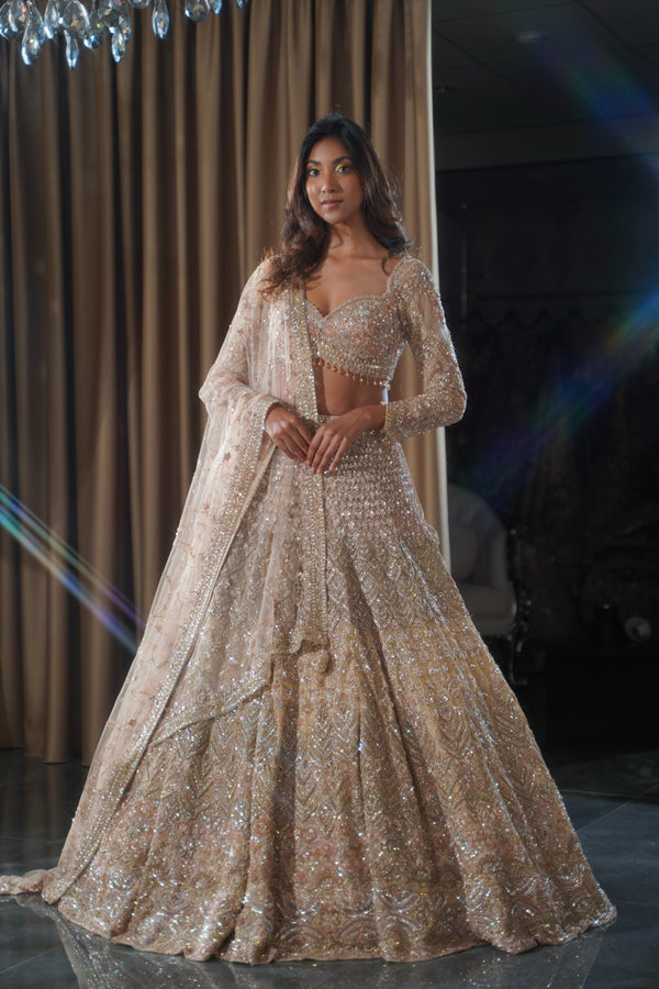 The Heritage Canvas: Champagne Gold Bridal Lehenga with Timeless Embellishment