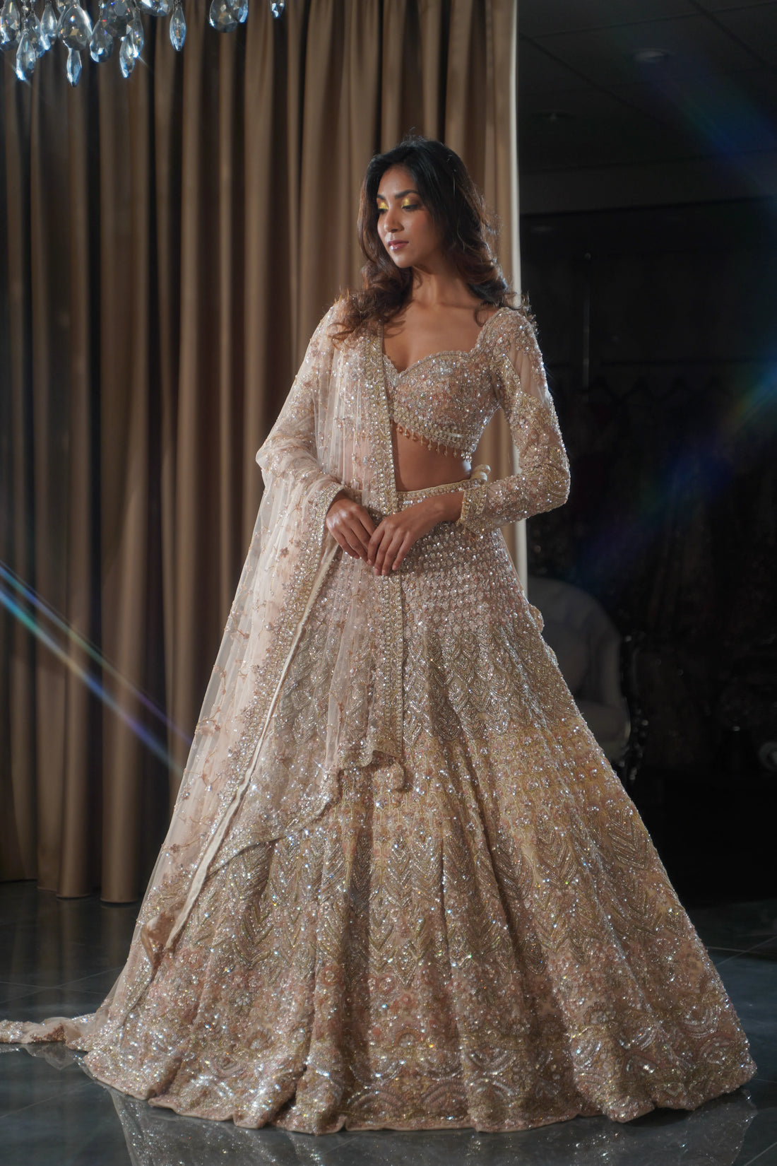 The Heritage Canvas: Champagne Gold Bridal Lehenga with Timeless Embellishment