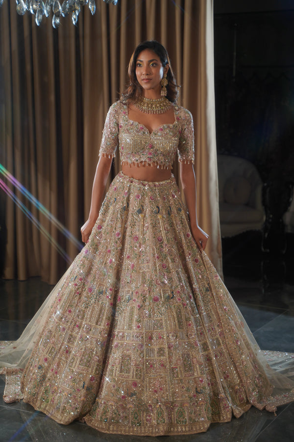 The Garden Romance: Champagne Blush Bridal Lehenga with Floral Fantasy