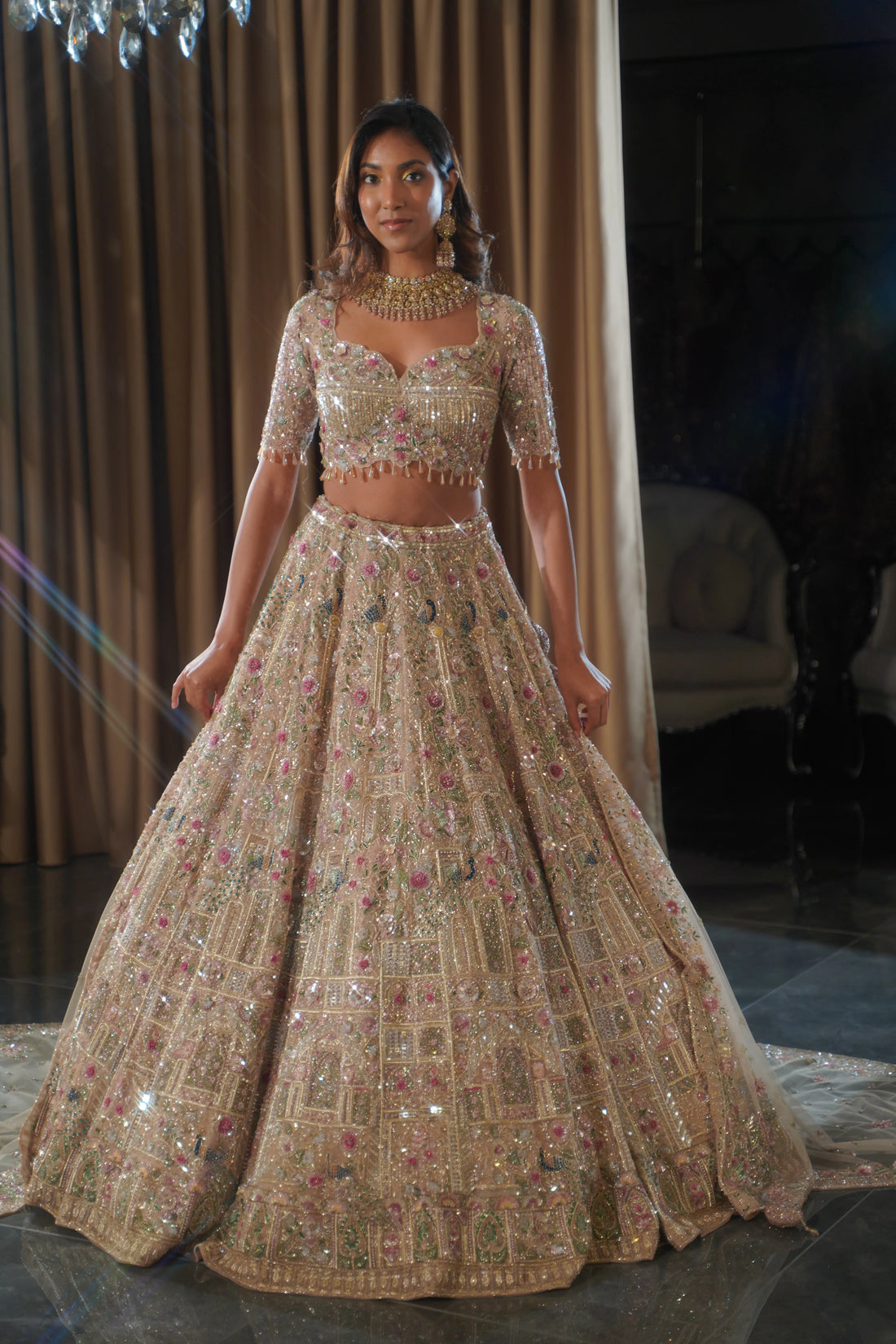 The Garden Romance: Champagne Blush Bridal Lehenga with Floral Fantasy