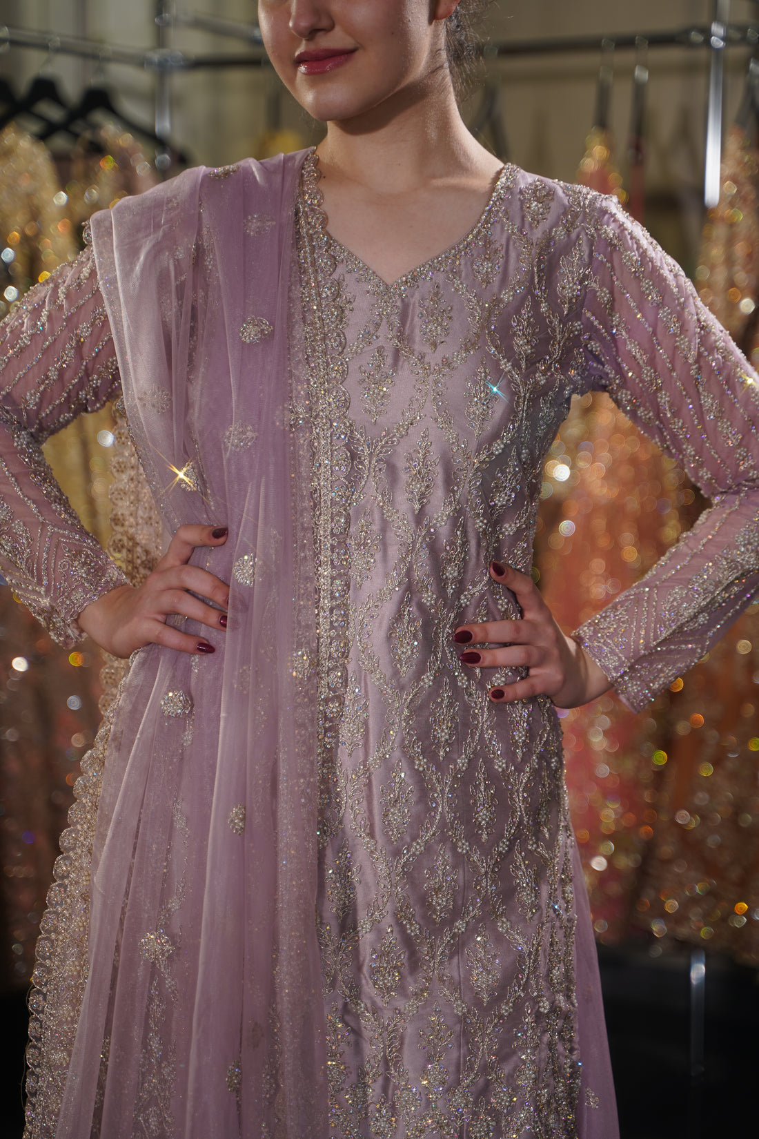 Lilac Lavender Geometric Lattice Embroidered Long Kurta Sharara Set