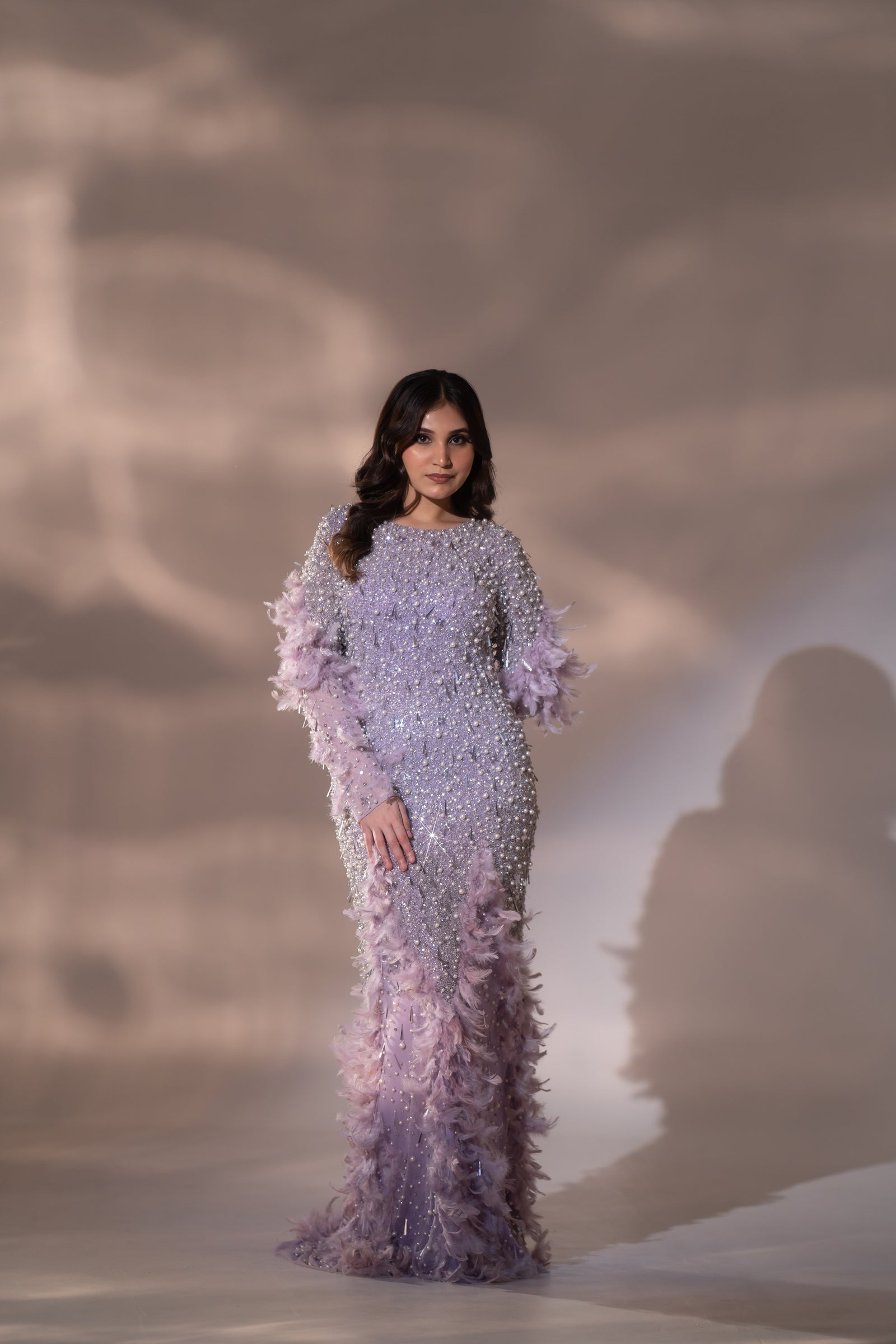 Lilac Lavender Pearl & Feather Embellished Evening Gown