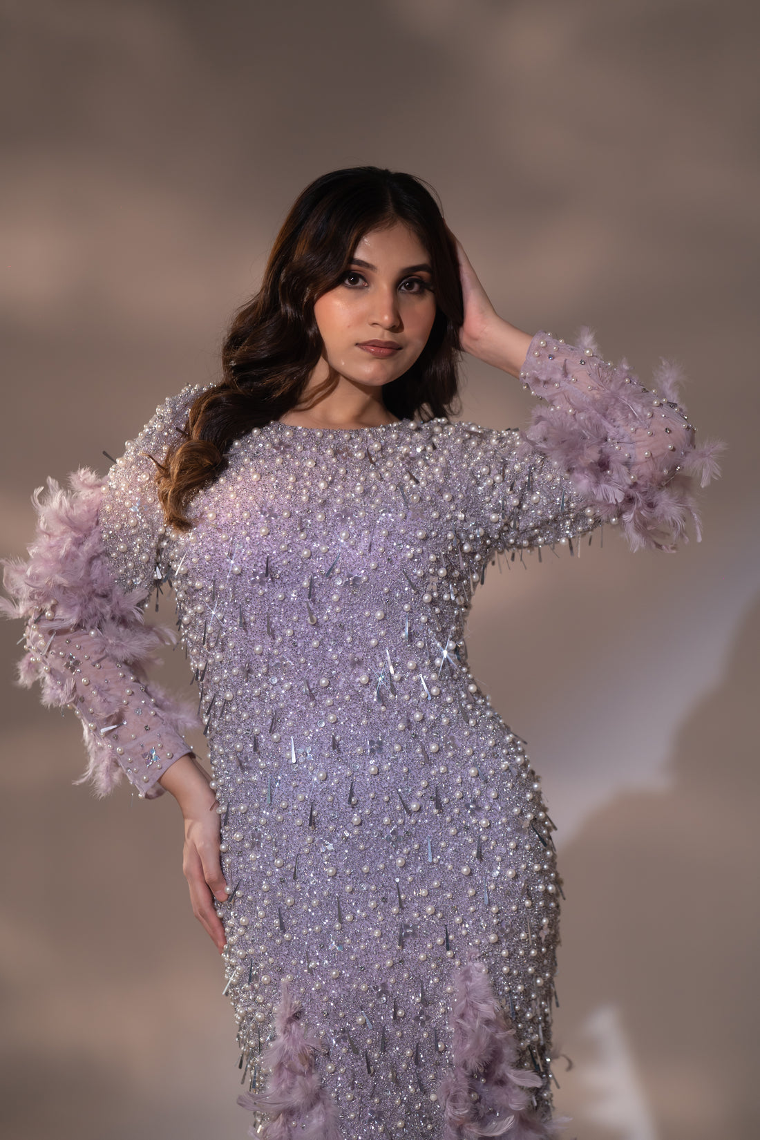Lilac Lavender Pearl & Feather Embellished Evening Gown