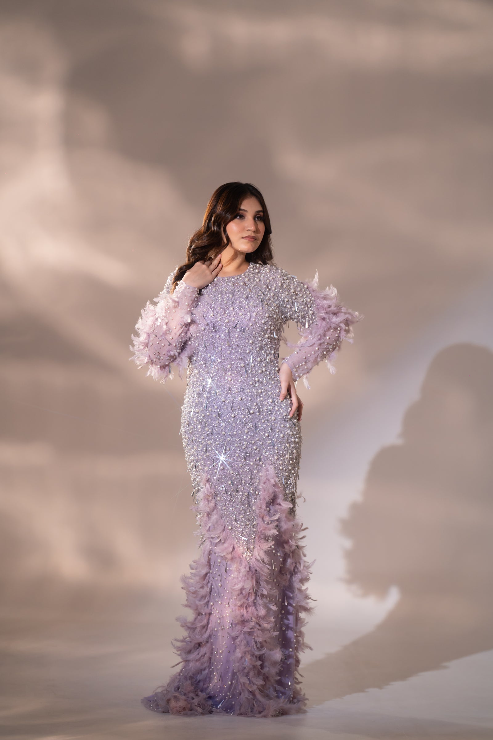 Lilac Lavender Pearl & Feather Embellished Evening Gown