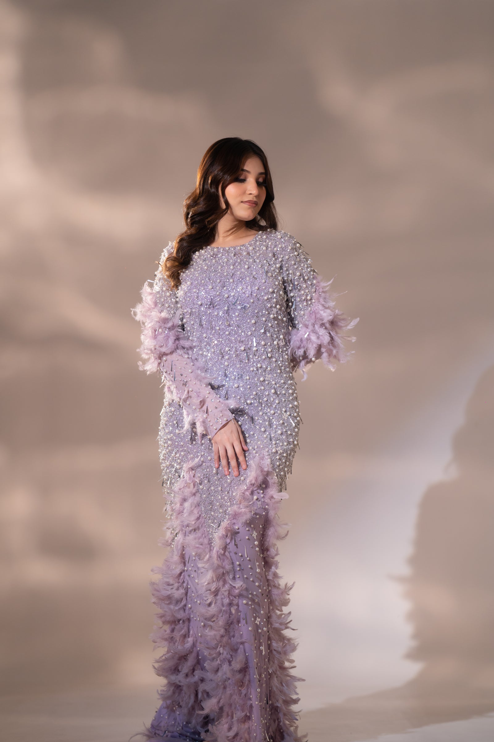 Lilac Lavender Pearl & Feather Embellished Evening Gown