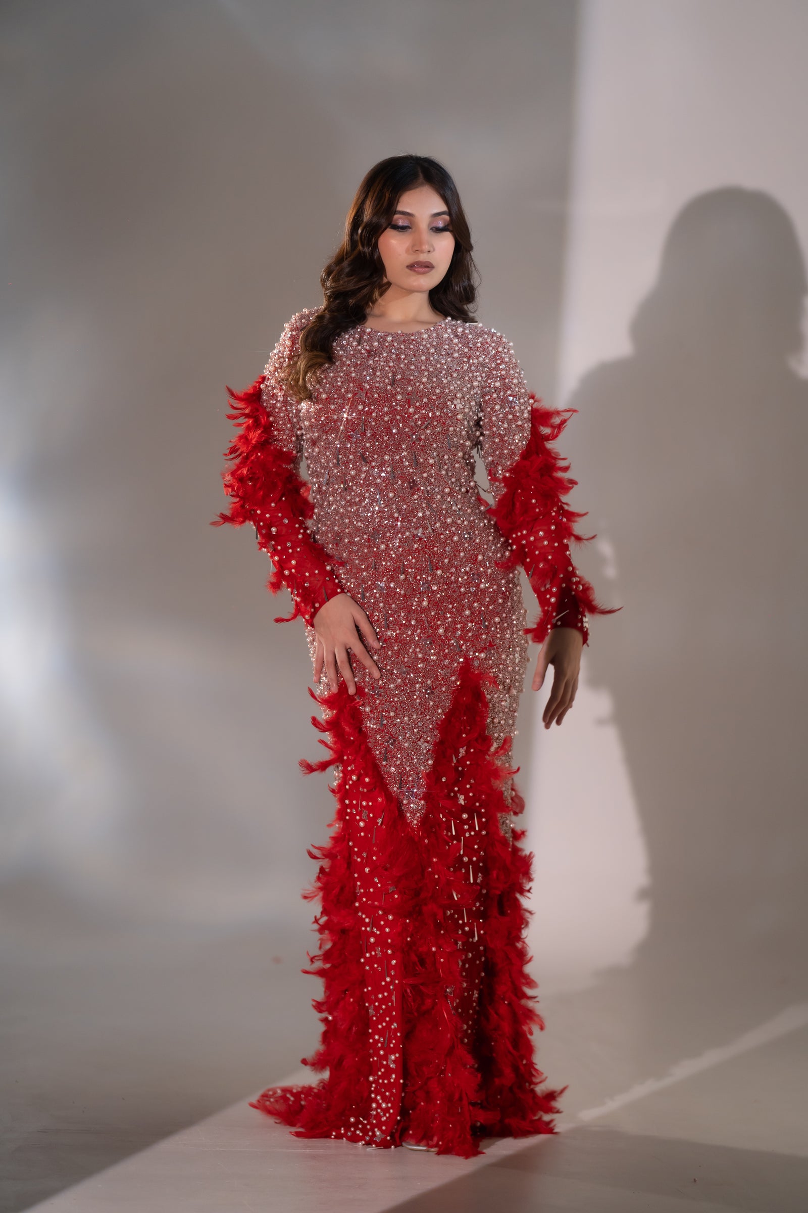 Ruby Red Pearl & Feather Embellished Evening Gown