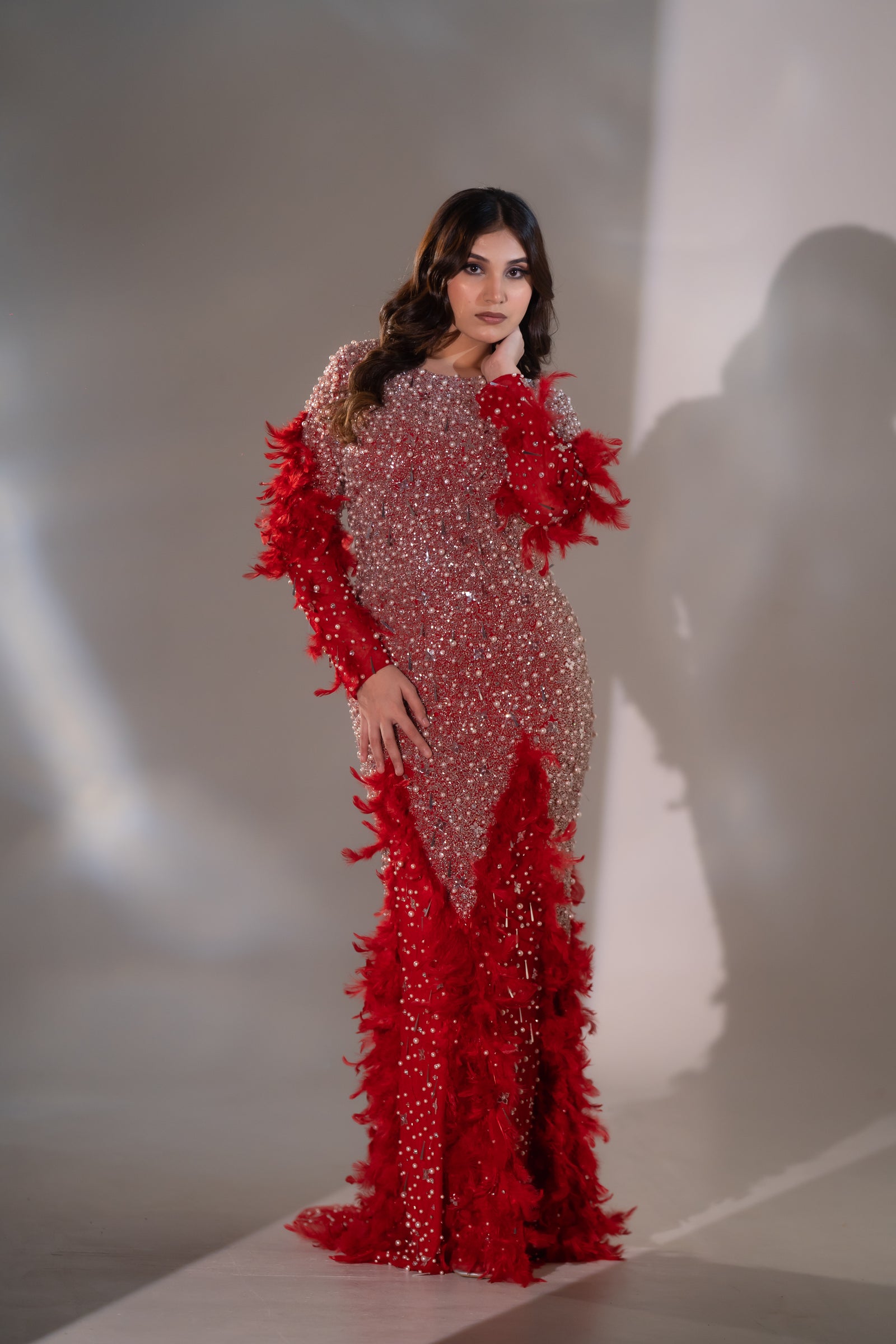 Ruby Red Pearl & Feather Embellished Evening Gown