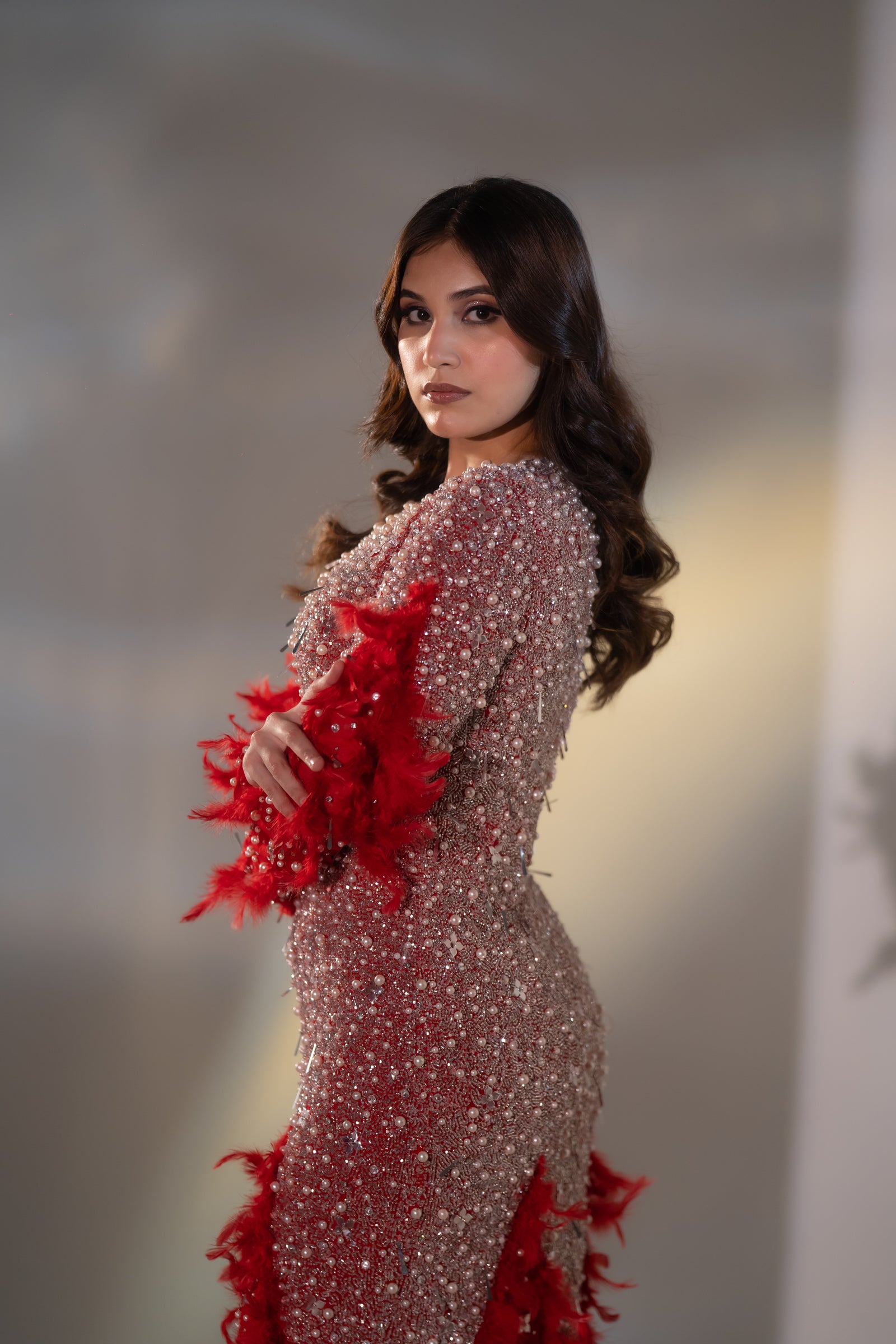 Ruby Red Pearl & Feather Embellished Evening Gown