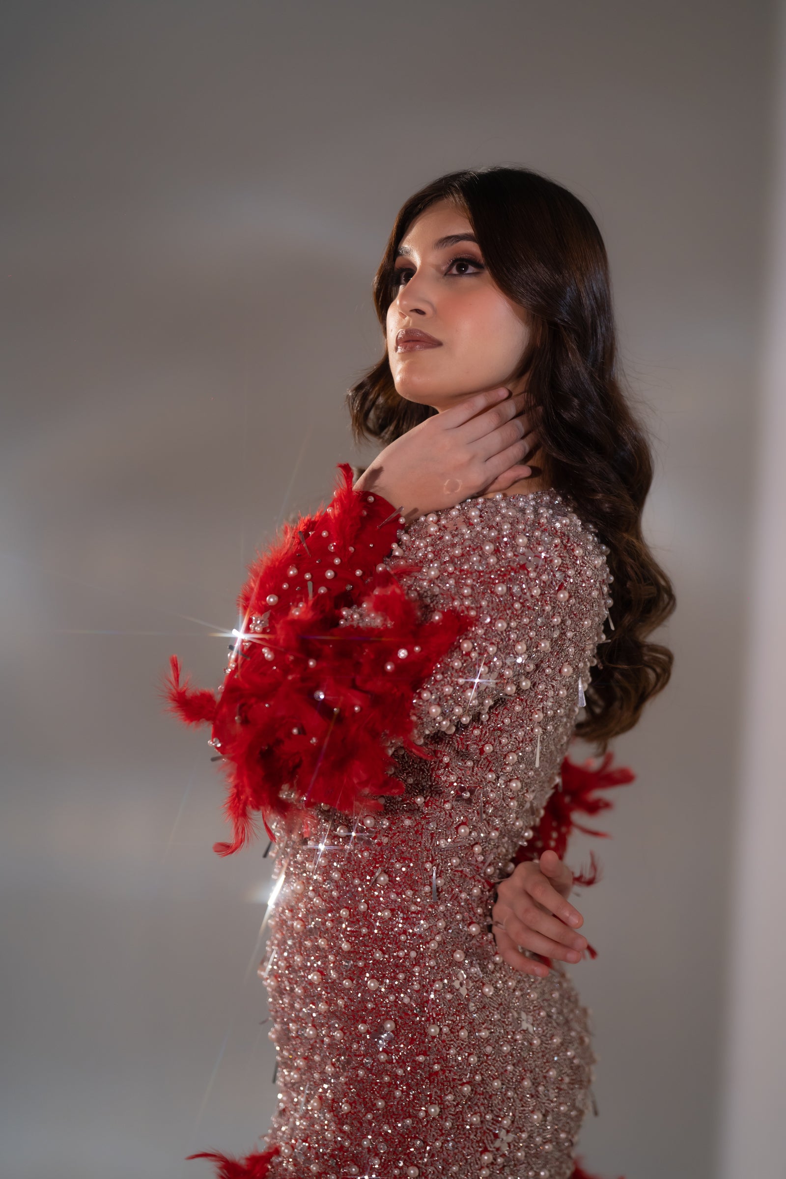Ruby Red Pearl & Feather Embellished Evening Gown